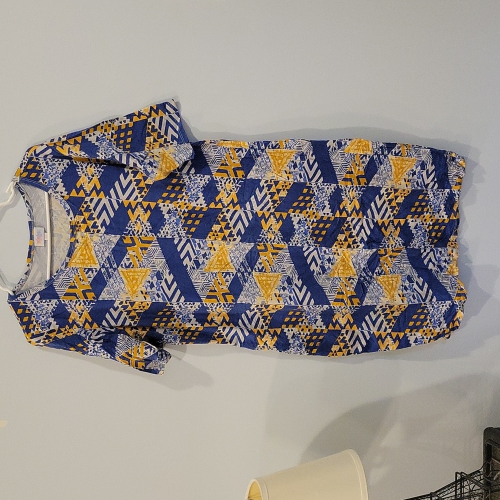 LuLaRoe Julia, 3XL, Blue, Yellow,  and White Triangles Pattern